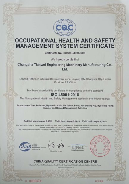 China Changsha Tianwei Engineering Machinery Manufacturing Co., Ltd. Certification