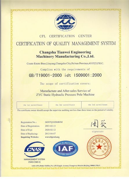 China Changsha Tianwei Engineering Machinery Manufacturing Co., Ltd. Certification